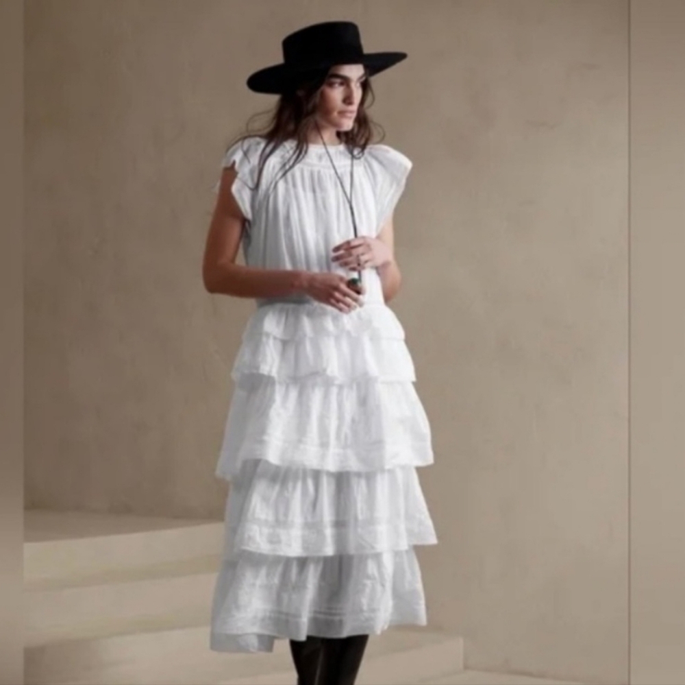NWT Banana Republic Selene Embroidered Voile Midi Dress Tiered White Peasant XXS
